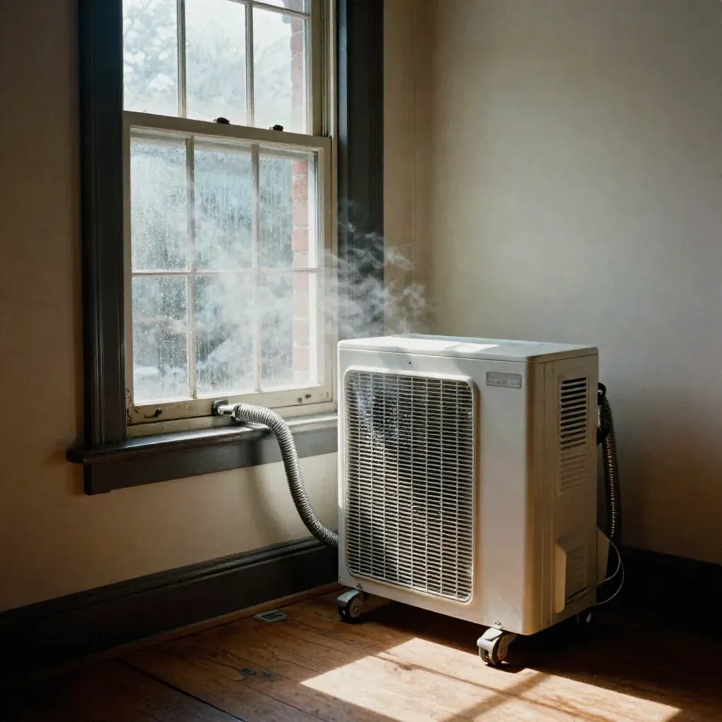 Window AC and portable AC split a humid apartment room, lit by one dramatic beam.