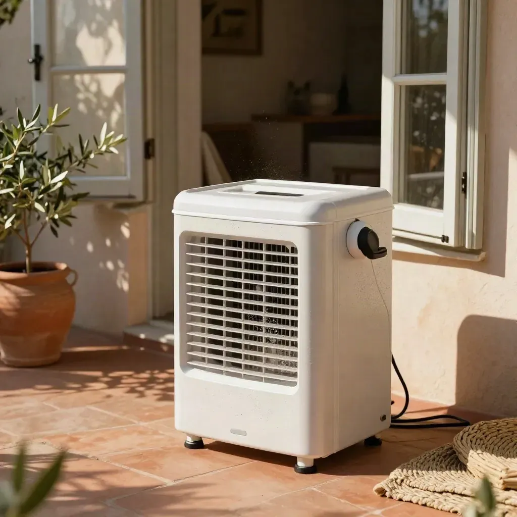 White evaporative cooler on a sunlit patio by open windows, with clay pot and woven mat.