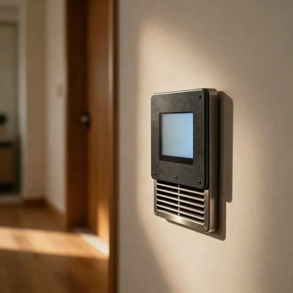 Extreme macro of a slate smart thermostat beside a hallway return grille in warm late-afternoon light