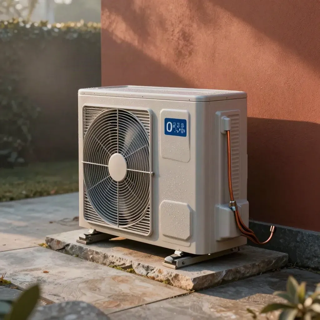 Heat pump condenser in a shaded side yard with copper lines and dawn mist