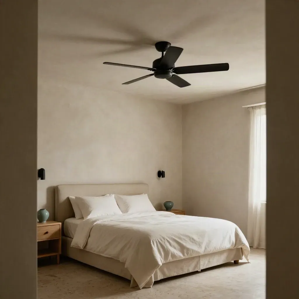 Matte black ceiling fan above a small guest room, casting moving shadows across the ceiling.