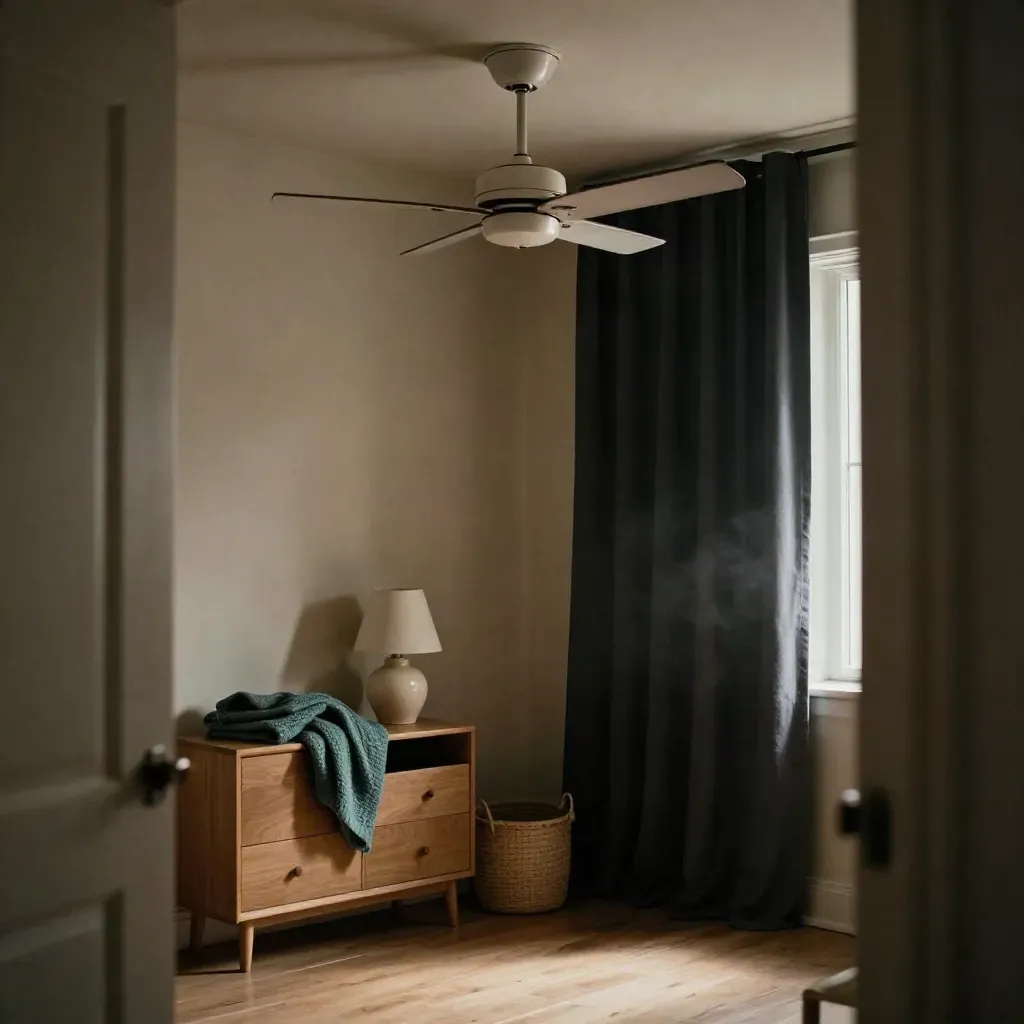 Quiet nursery corner with ceiling fan, blackout curtain, dresser, and teal blanket at night.