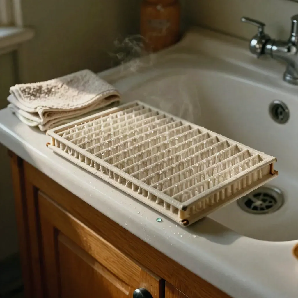 AC filter drying by a sink with towel, soap dish and steam in warm afternoon light.