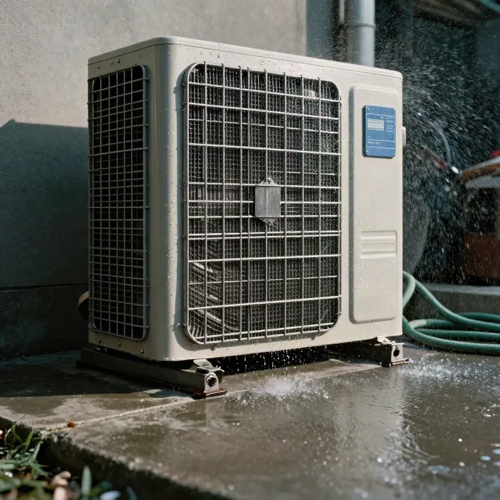 Low-angle view of a rinsed outdoor AC condenser with mist and hose on damp concrete.