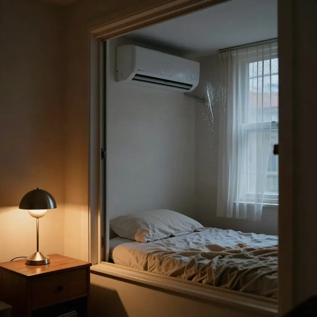 Open window AC cools a modest rental bedroom at dusk, with lamp, bed, and folded blanket.