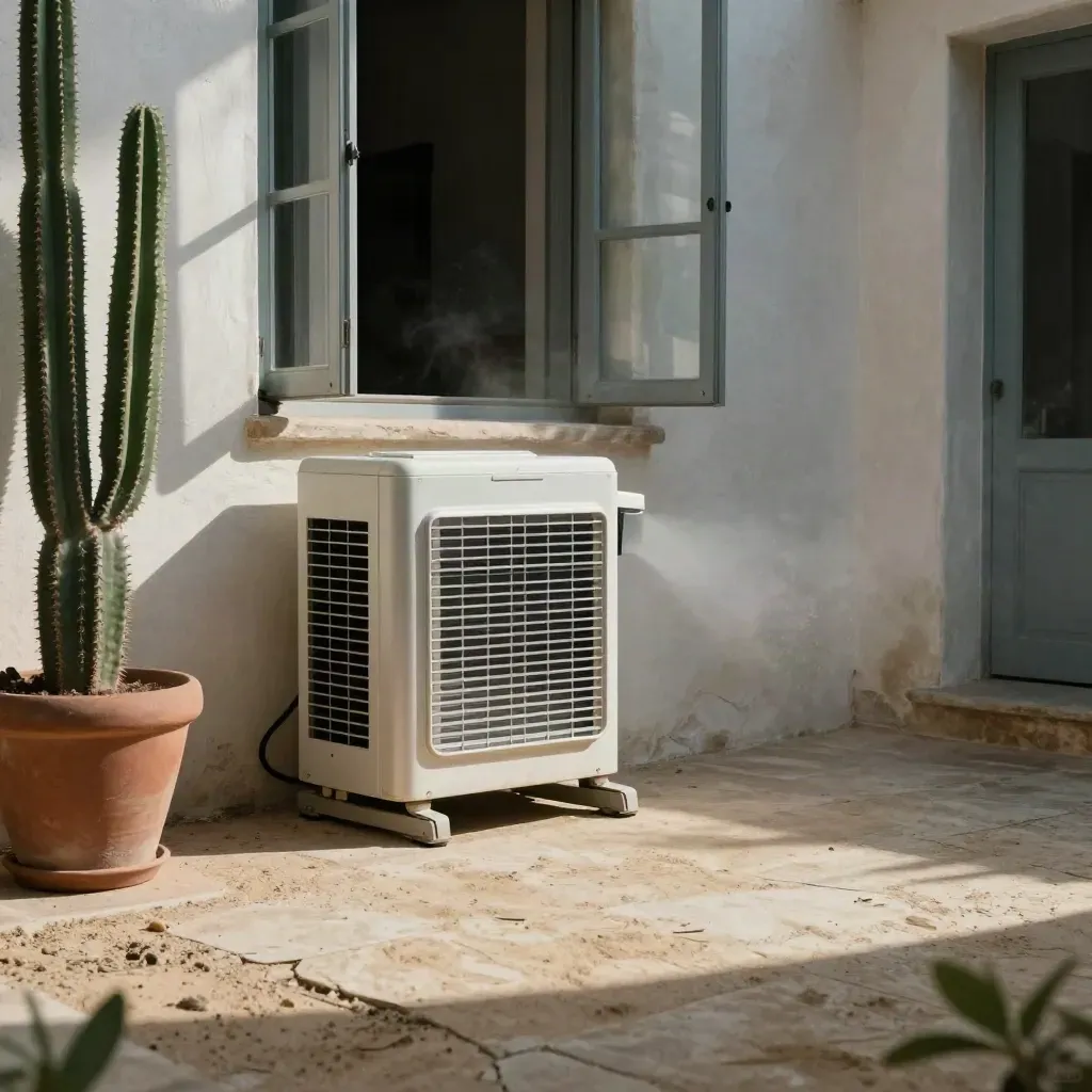 Silver evaporative cooler in dusty sunlit courtyard beside cactus and open window
