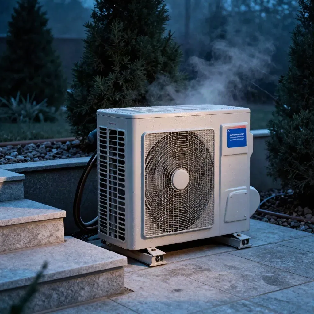 Heat pump outdoor unit by stone steps at blue hour with mist and a vapor plume