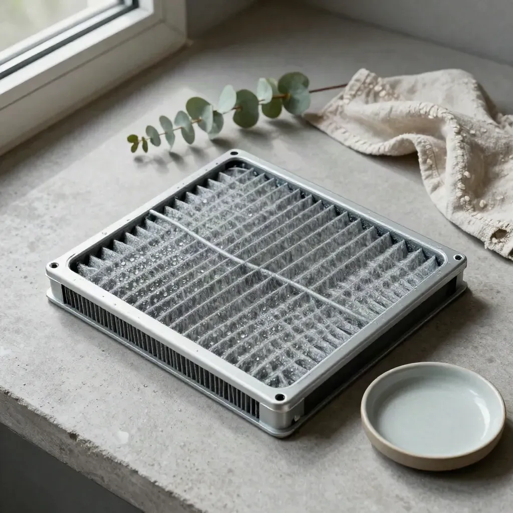 Clean AC filter, eucalyptus, linen cloth and ceramic dish on pale concrete