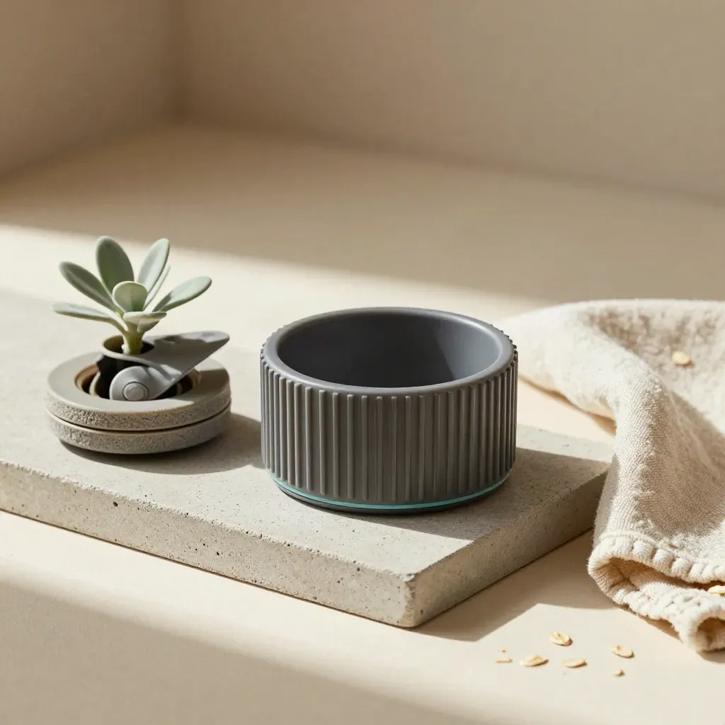 Portable AC hose cuff, wheel, drain cap, plant, and folded cloth on a stone tray in soft side light.