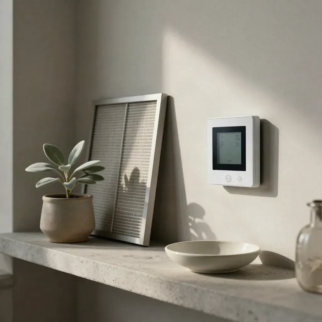 Smart thermostat, filter frame, plant and ceramic dish on a pale shelf