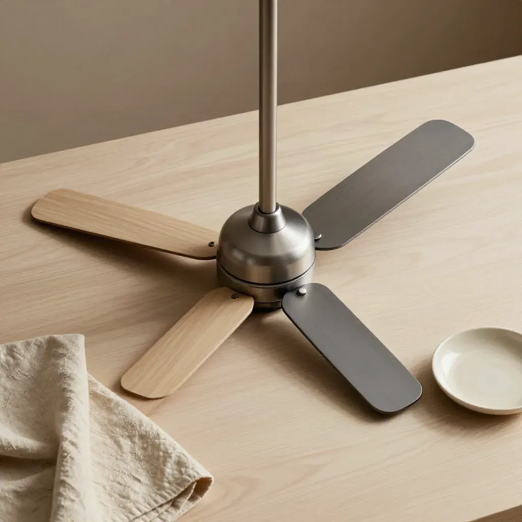Ceiling fan hub with blade samples, linen cloth, and ceramic dish on pale wood.