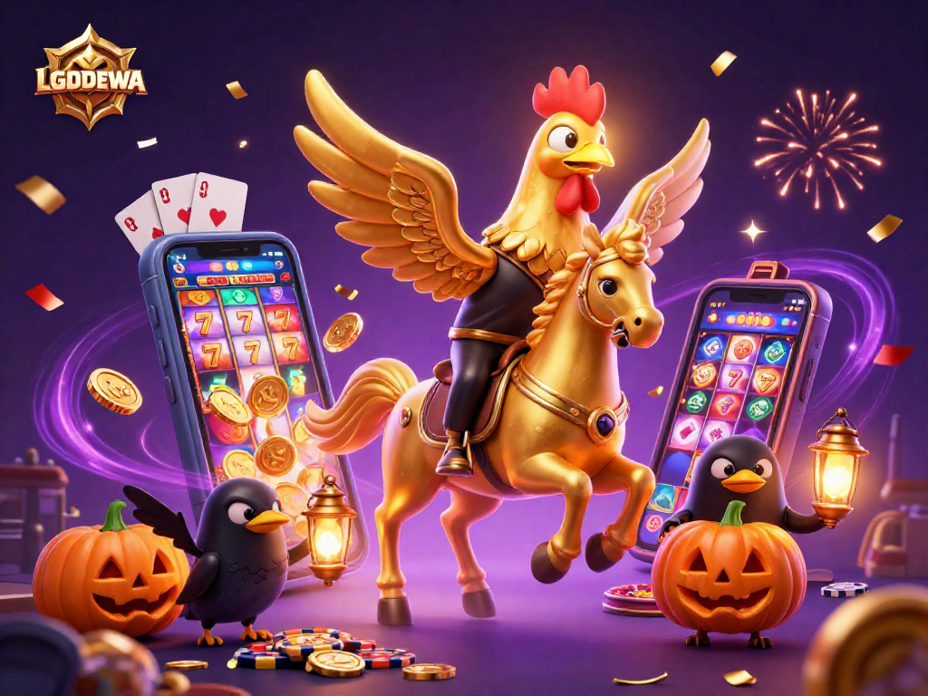 Experience exciting casino action with LGODEWA's golden rooster and spectral horse featuring slot gameplay.