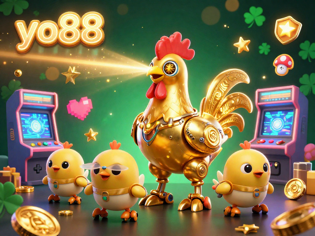 Venture into the world of yo88 as a 3D golden rooster robot unleashes its gaming magic amidst vibrant arcade machines and golden coins.