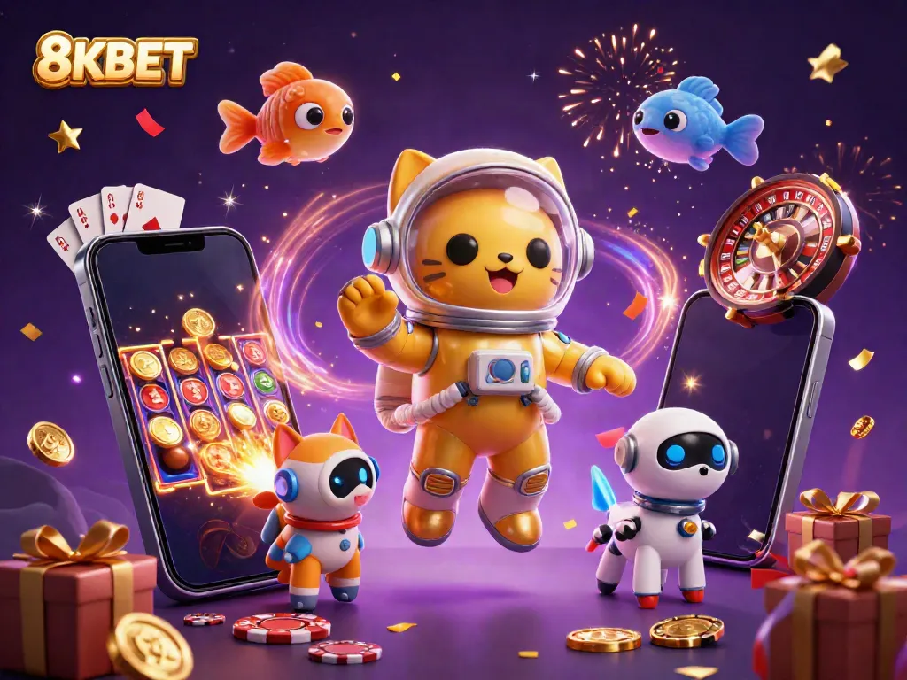 8KBET astronauts explore a vibrant online casino world filled with games, slots, and rich visuals.