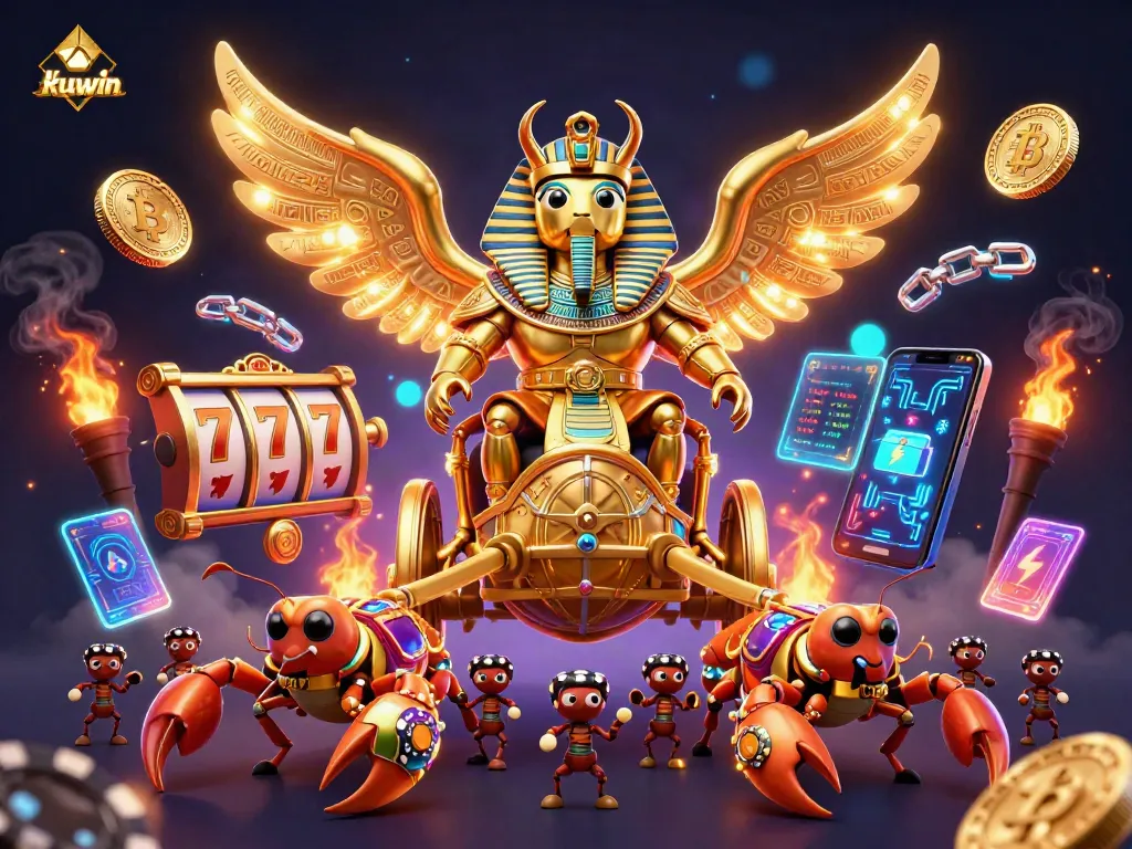 Engage in thrilling gaming with kuwin's vibrant 3D casino illustration featuring a golden scarab and dynamic slot elements.