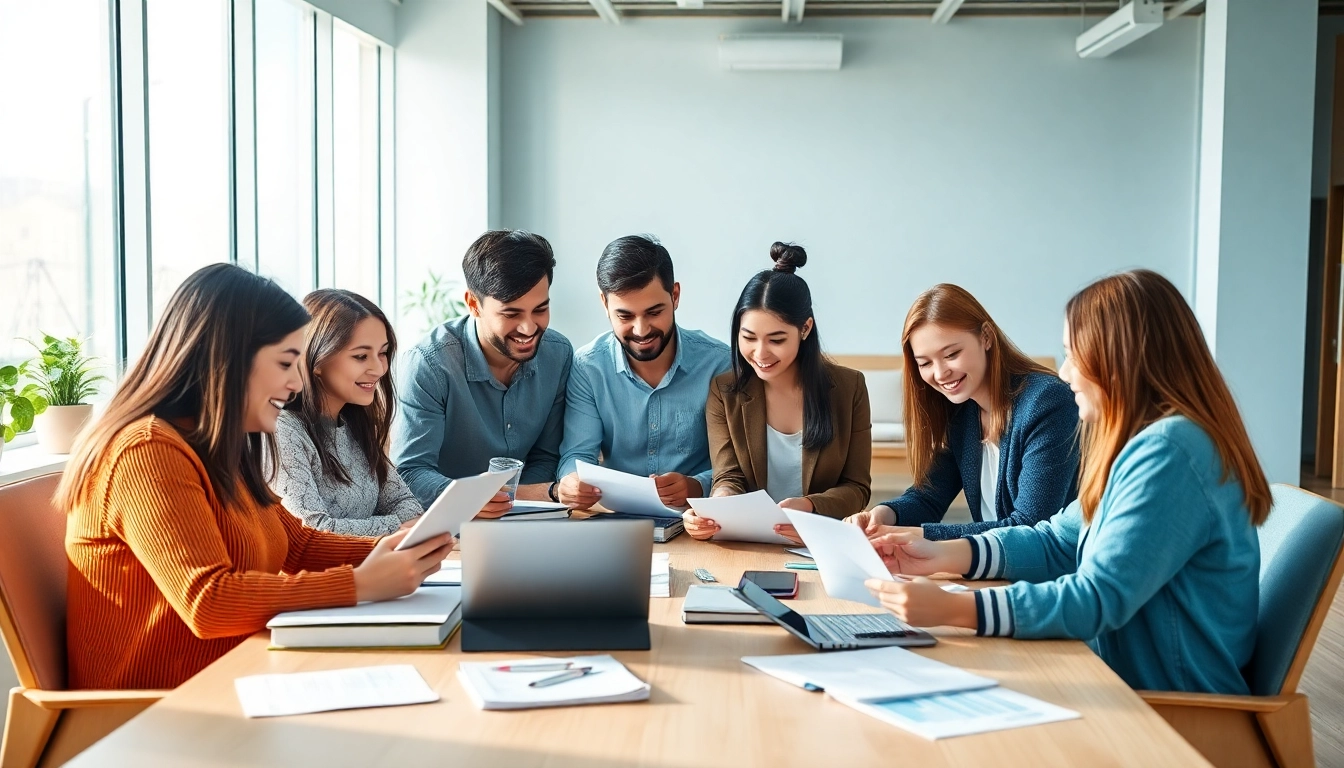 Dynamic scene of TOEIC test takers for hire collaborating in a well-lit study environment.