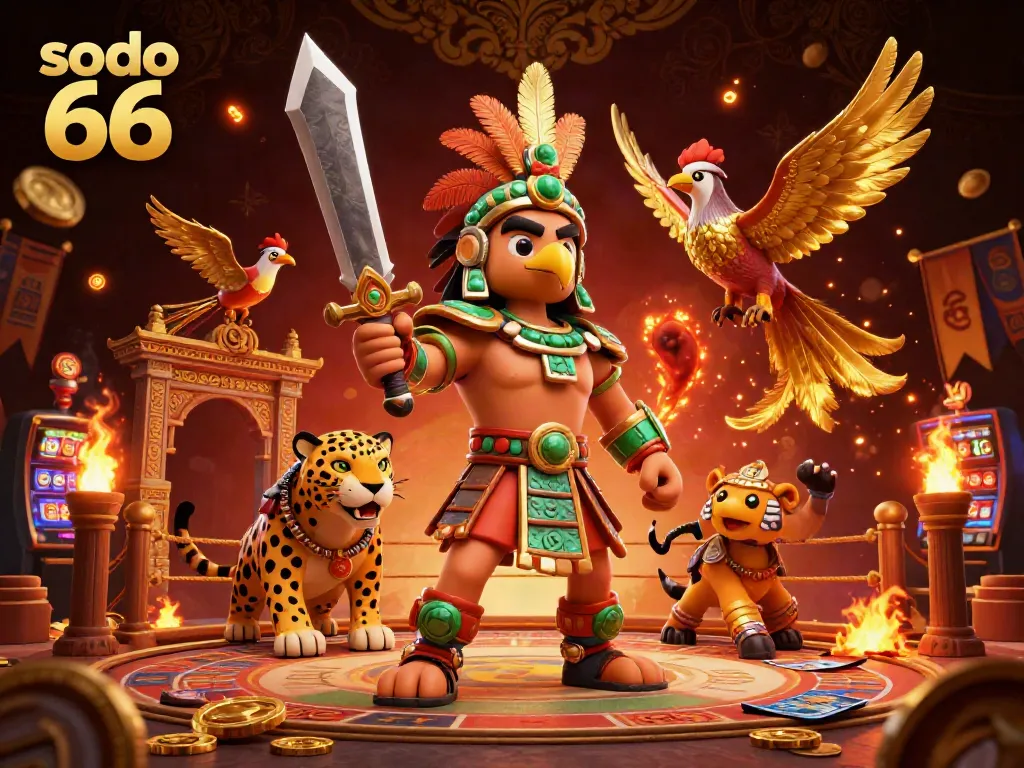 Sodo 66 features an Aztec warrior in a vibrant casino scene with gold coins and dynamic fire effects.