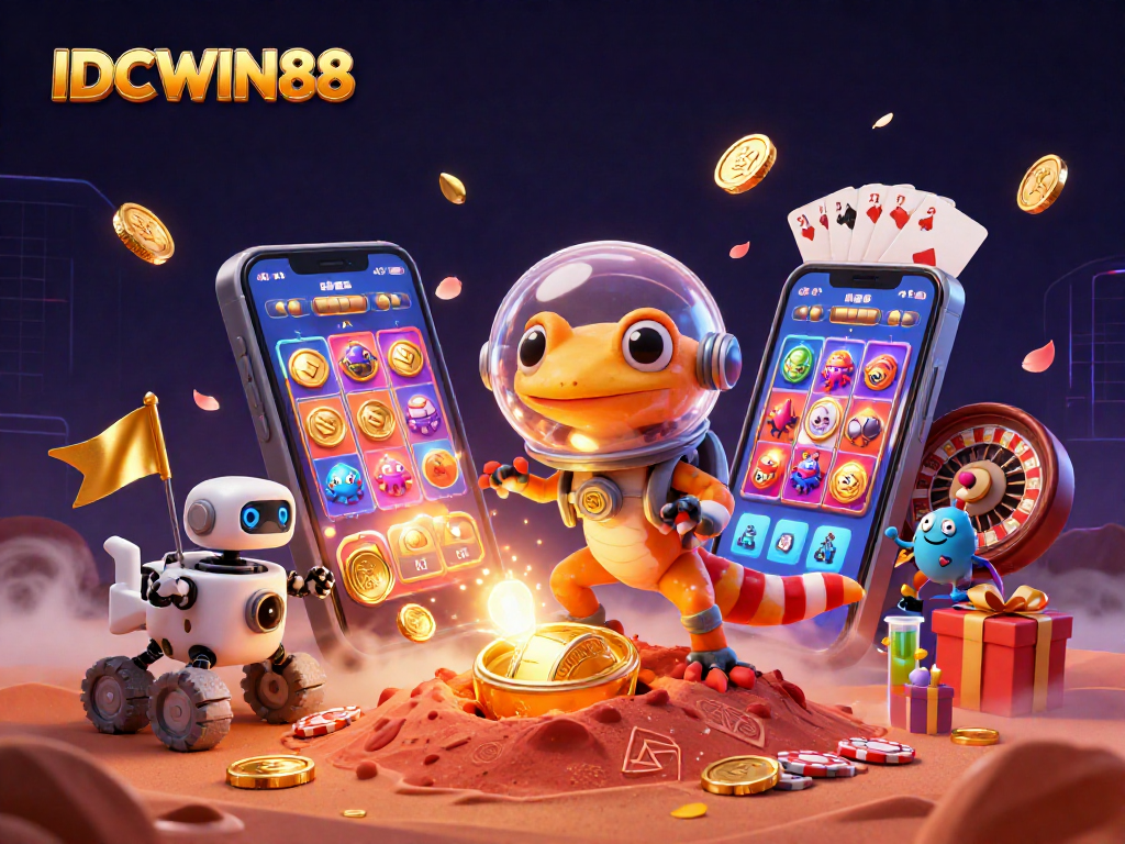 Experience the thrilling casino adventure of IDCWIN88 with a Martian gecko, golden coins, and vibrant gaming elements.