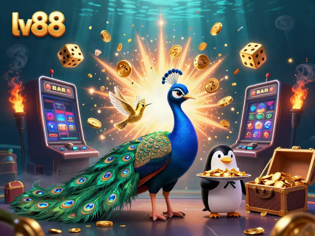 Experience the vibrant world of lv88 with a 3D peacock, coins, and slot machines bursting with excitement.