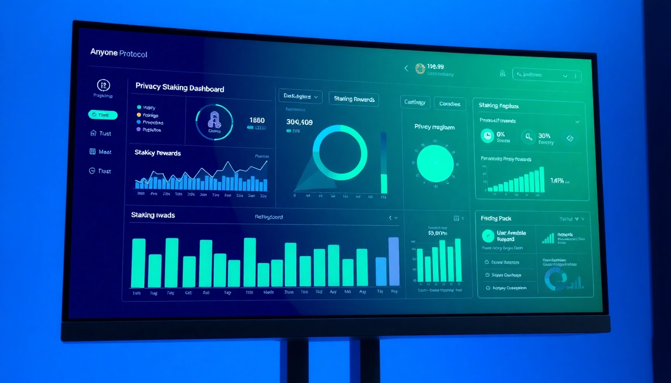 Anyone Protocol Dashboard interface displaying staking rewards and privacy metrics.
