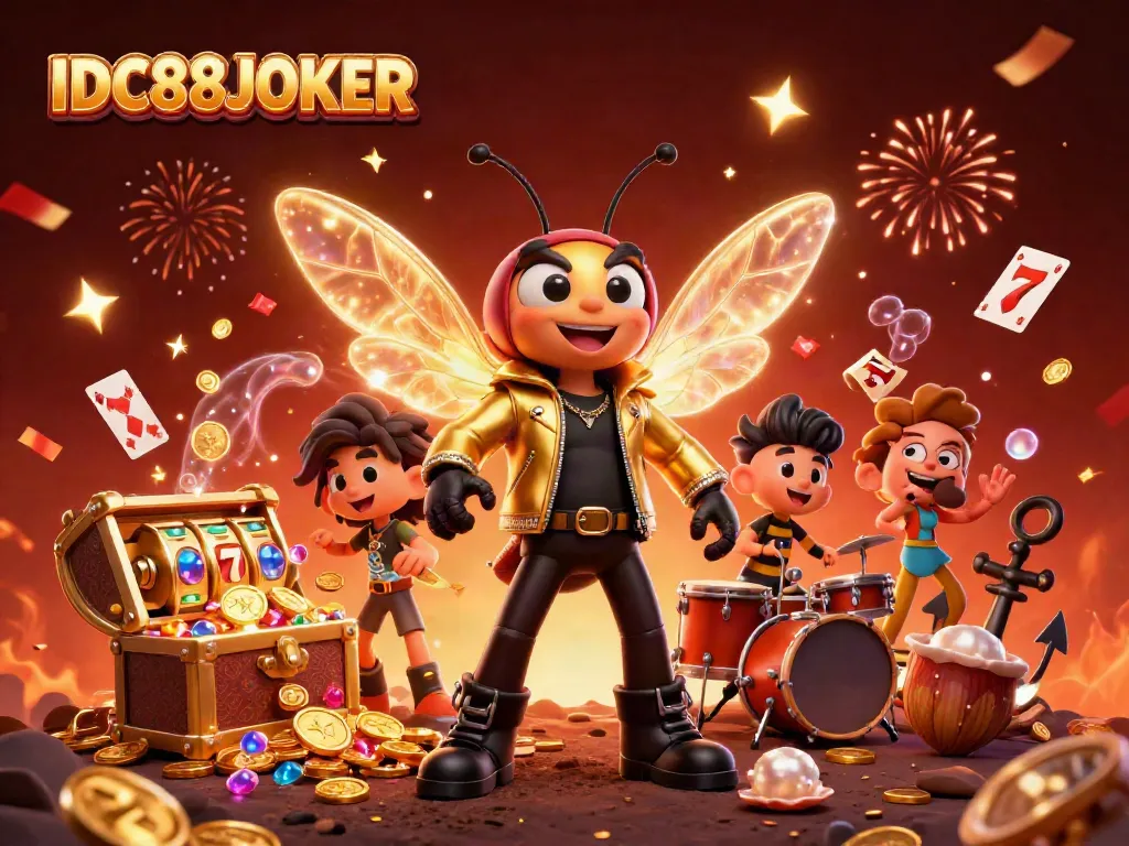 Experience thrilling gameplay at IDC88JOKER with dynamic elements like golden slot machines and vibrant confetti.