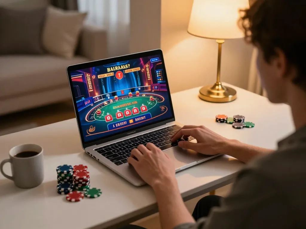 SUNWIN online gaming on laptop, showcasing engaging casino graphics and cozy home atmosphere