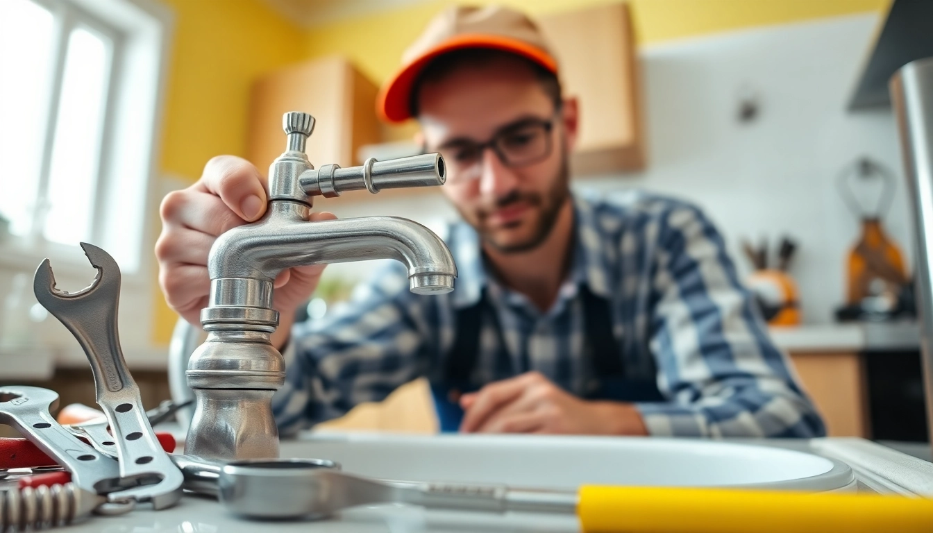 Expert plumber near me repairing a kitchen faucet with quality tools in a bright environment.