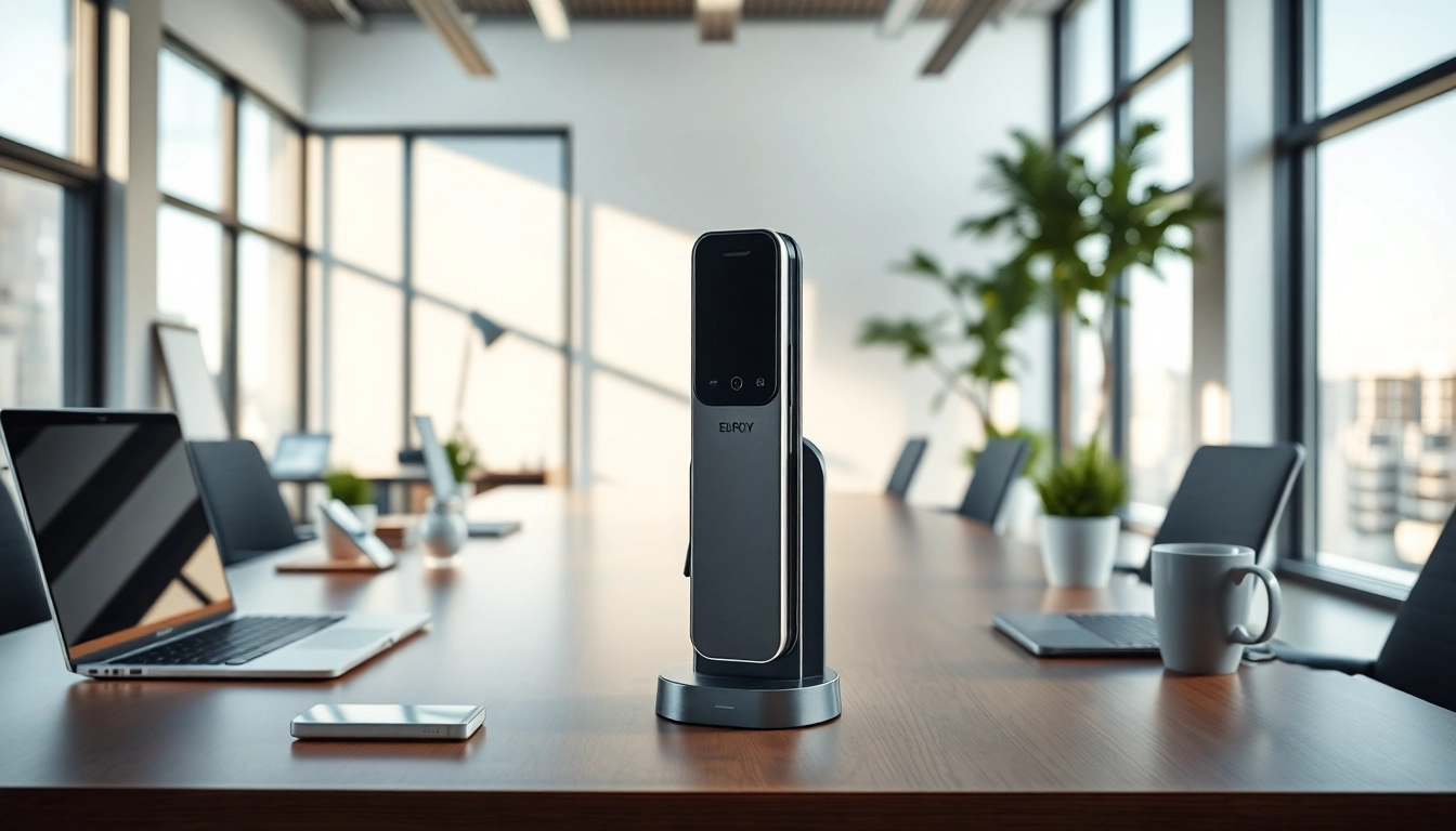 Phonelocker auf einem modernen Schreibtisch, der elegante Arbeitsumgebung stützt.