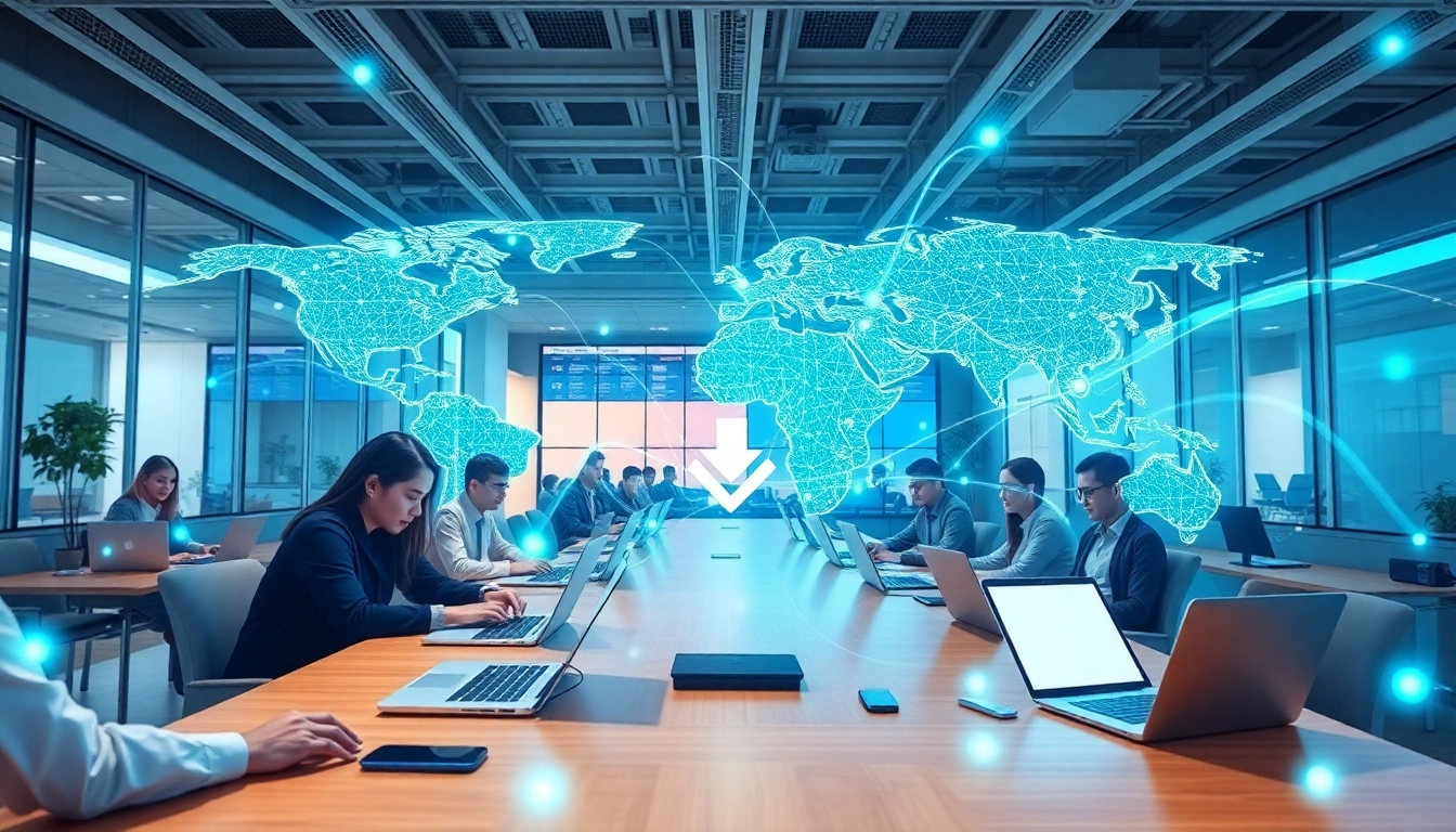快连下载 enhances global network connectivity, showcasing users across devices in a modern office.