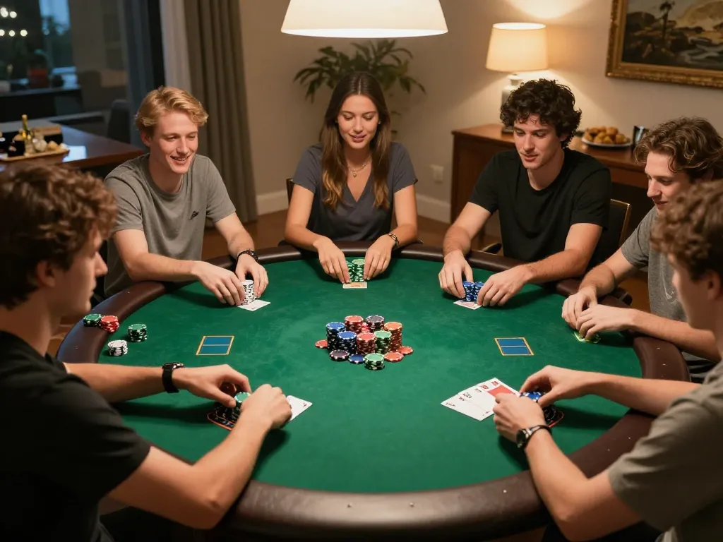 Players enjoying an exciting poker game night at home, focusing on strategic moves and gem88 gambling fun.