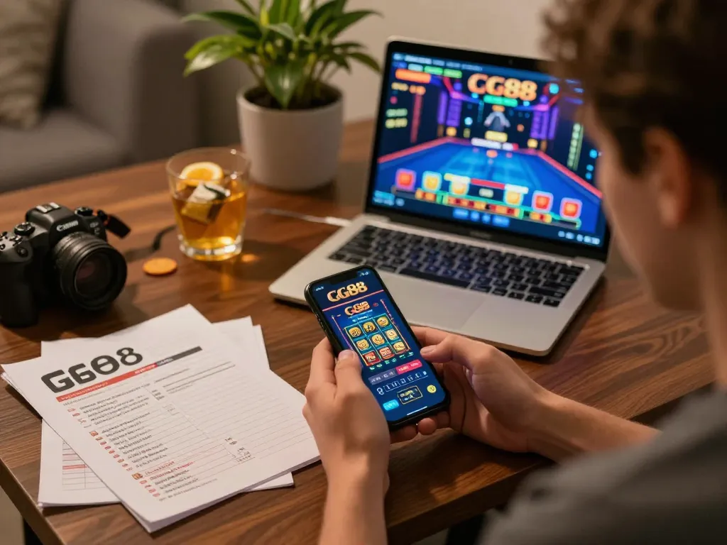 Person engaging with the GG88 casino app on their smartphone, showcasing a dynamic home gaming atmosphere.