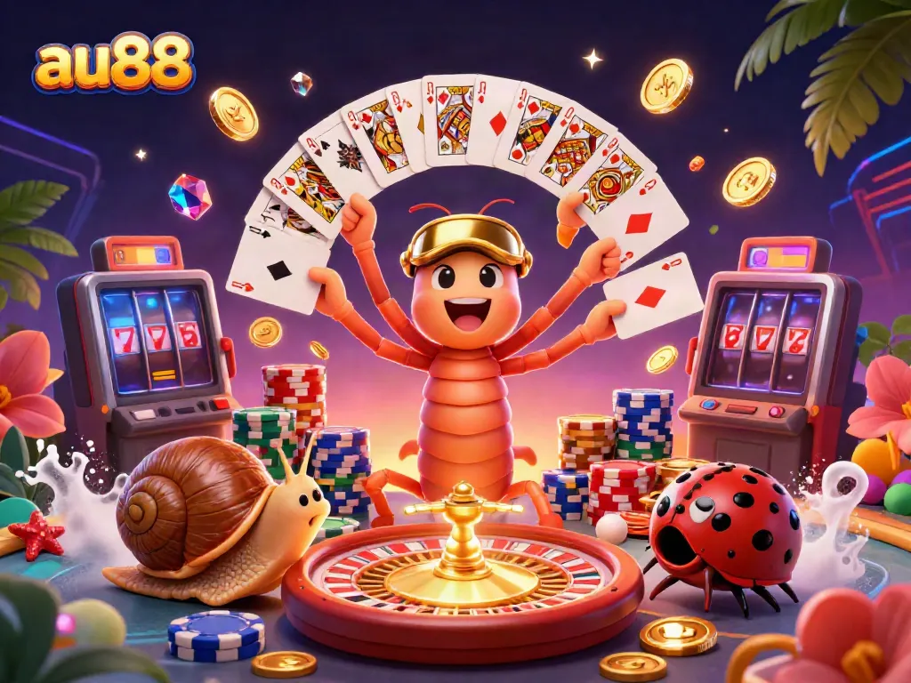 Experience exciting gameplay at au88 with a whimsical dealer, sparkling gems, and vibrant casino elements.