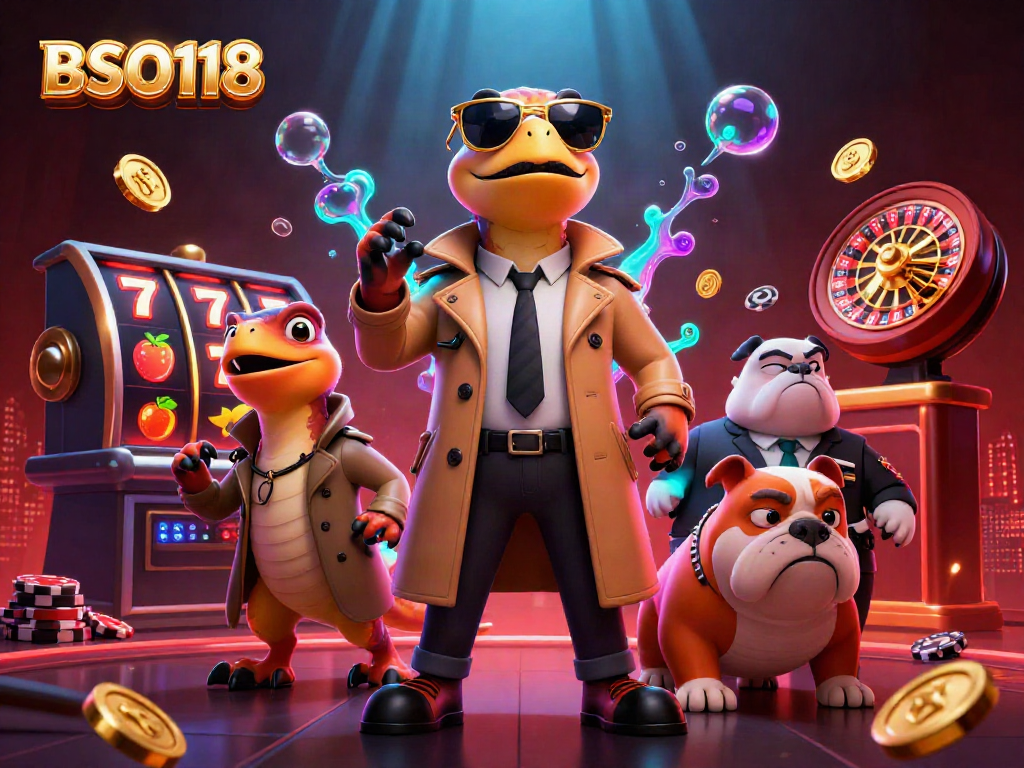 BSO118 showcases cartoon raptors entering a VIP casino with vibrant slot elements and energetic atmosphere.
