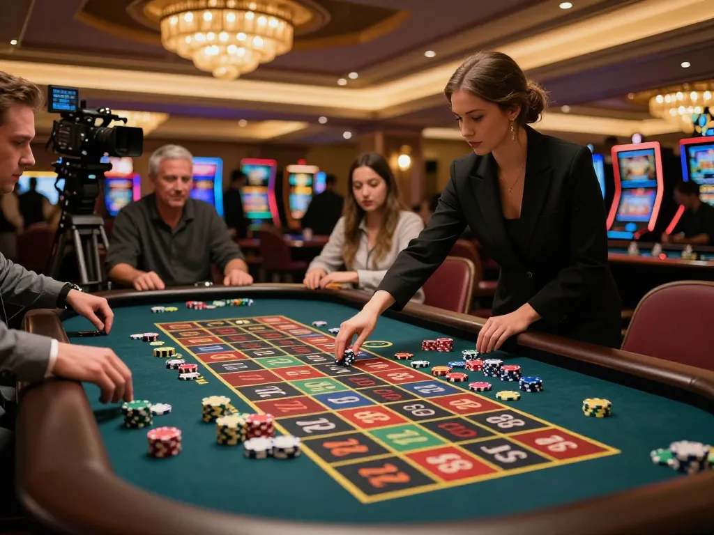 fly88 players engaging in an intense roulette game with colorful chips and eager expressions