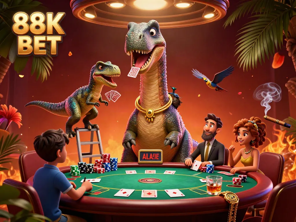 Experience the thrill of poker with the playful 88K BET brontosaurus overseeing the game.