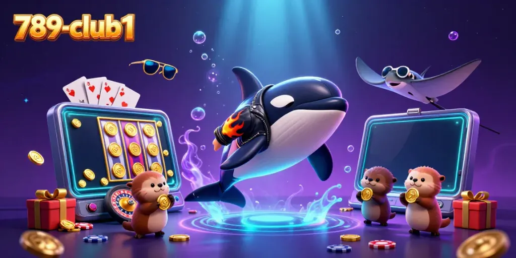 A dynamic scene showcasing the 789-club1 theme with a cartoon orca, stingray, and otters celebrating at a casino.