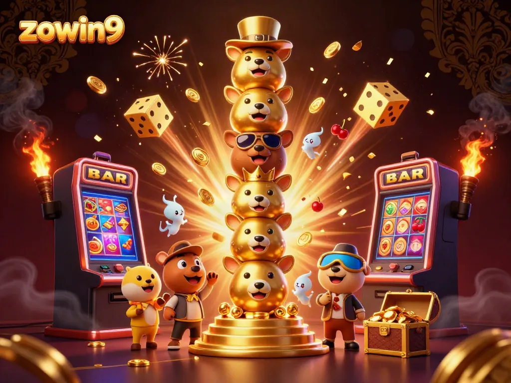 Win with zowin9 in an exciting casino scene featuring a golden totem and vibrant slot machine.