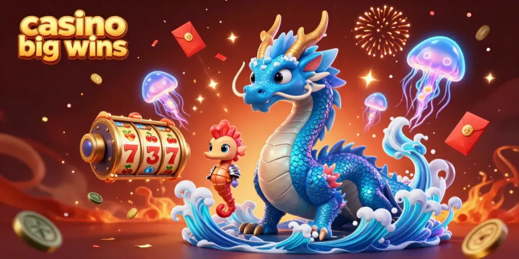 Celebrate casino big wins with a vibrant 3D scene featuring a water dragon, a seahorse knight, and colorful jackpots
