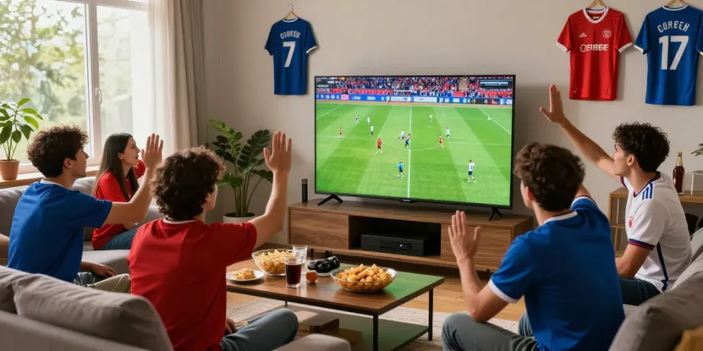 Excited fans watching soccer live on https://thapcamtvlive.live/ in a vibrant living room with snacks and team jerseys.