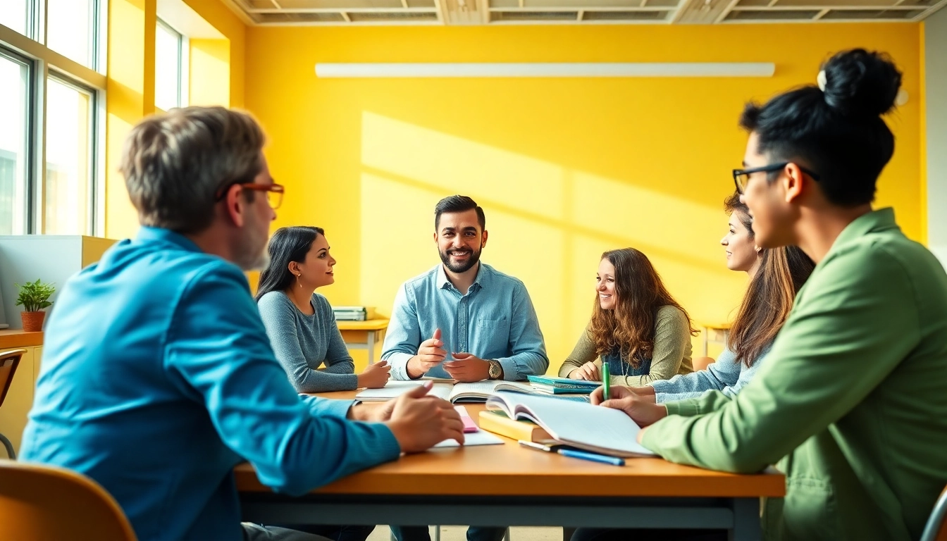 Engaged students receiving toefl expert help from a professional tutor in a bright classroom.