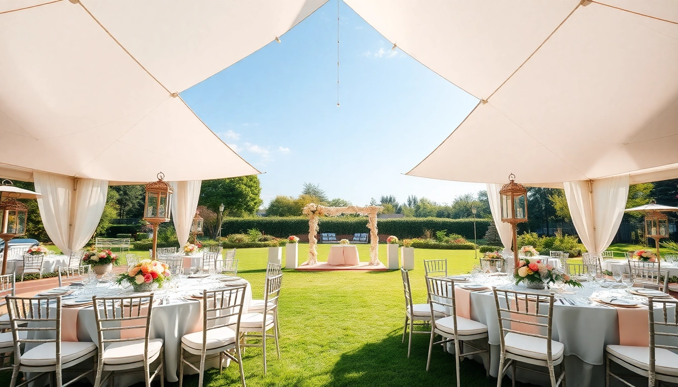Beautiful wedding tent chair & table rentals elegantly set for an outdoor celebration.