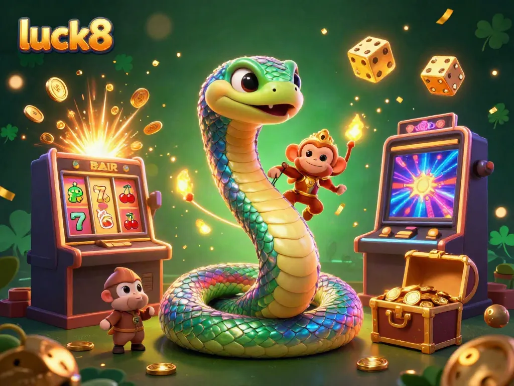 Engage with luck8 in a vibrant 3D casino scene featuring mythical characters and thrilling gaming elements.