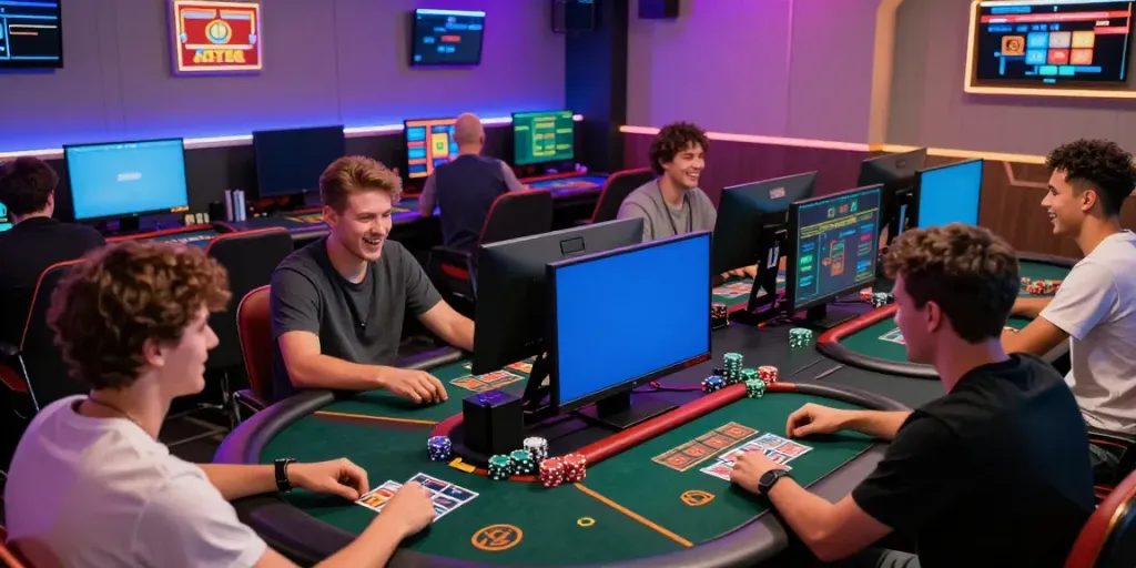 Men enjoying gaming at Manclub, lively atmosphere with vibrant screens and camaraderie.