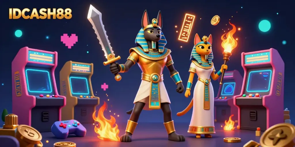 Experience IDCASH88 with a vibrant 3D illustration of Anubis and Bastet amid colorful gaming elements.