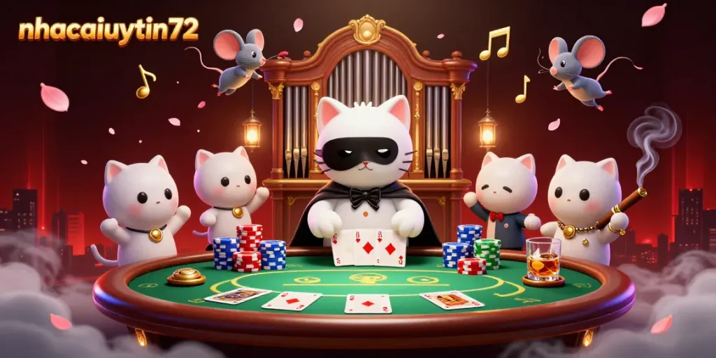 nhacaiuytin72 showcases an animated phantom cat at a casino, surrounded by poker chips and cards.