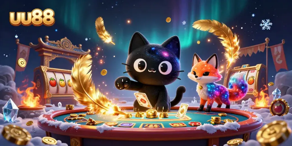 uu88 showcases an engaging cosmic casino scene with a black hole cat and colorful gas fox surrounded by vibrant gaming symbols.