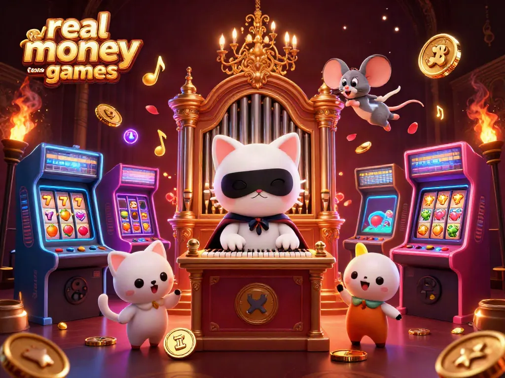 Experience real money casino games in a vibrant, detailed casino scene with playful characters and gaming elements.