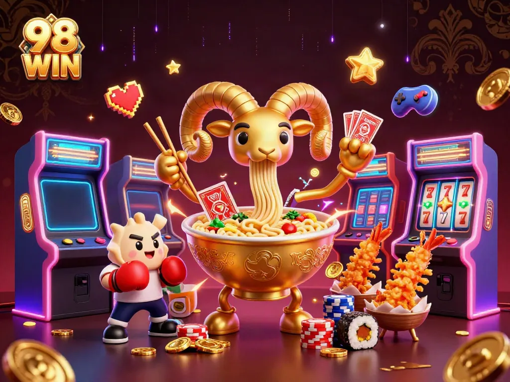 Engage in exciting gameplay at 98 WIN with a dynamic casino scene featuring cartoon characters.