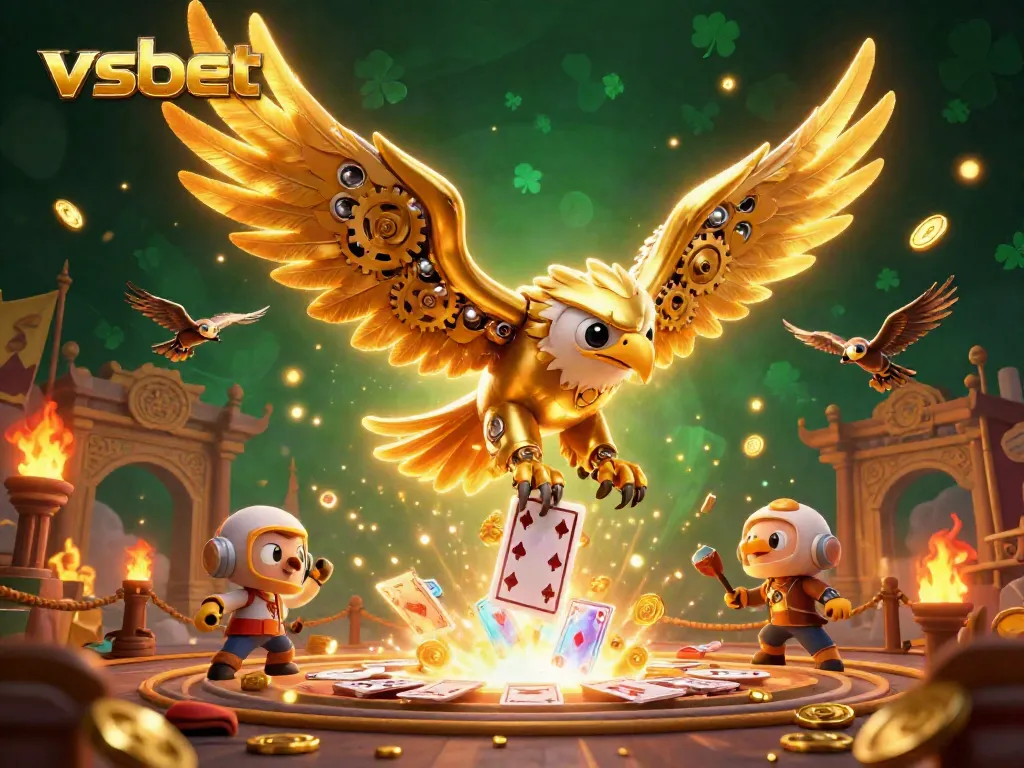 Experience the thrilling world of vsbet with a golden eagle diving through holographic cards, surrounded by vibrant casino elements.