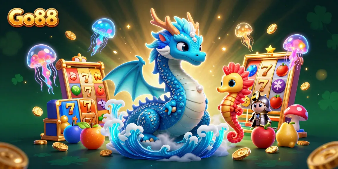 Experience exhilarating gaming action at Go88 with a vibrant 3D casino scene featuring a water dragon and neon jellyfish.